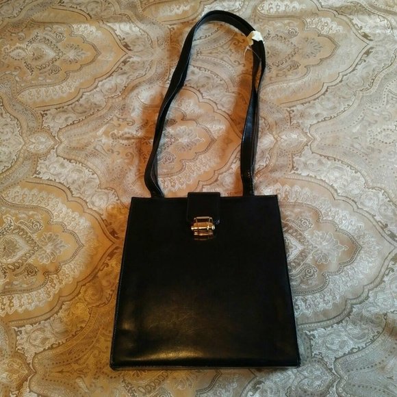 NEW Elegant Black Faux Leather Shoulder/Cross-Body Bag, Gold-tone Clasp - Picture 1 of 11